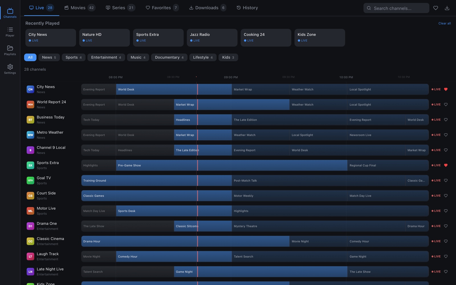 The live TV tab: recently played channels, category filters, and a TV guide timeline for each channel