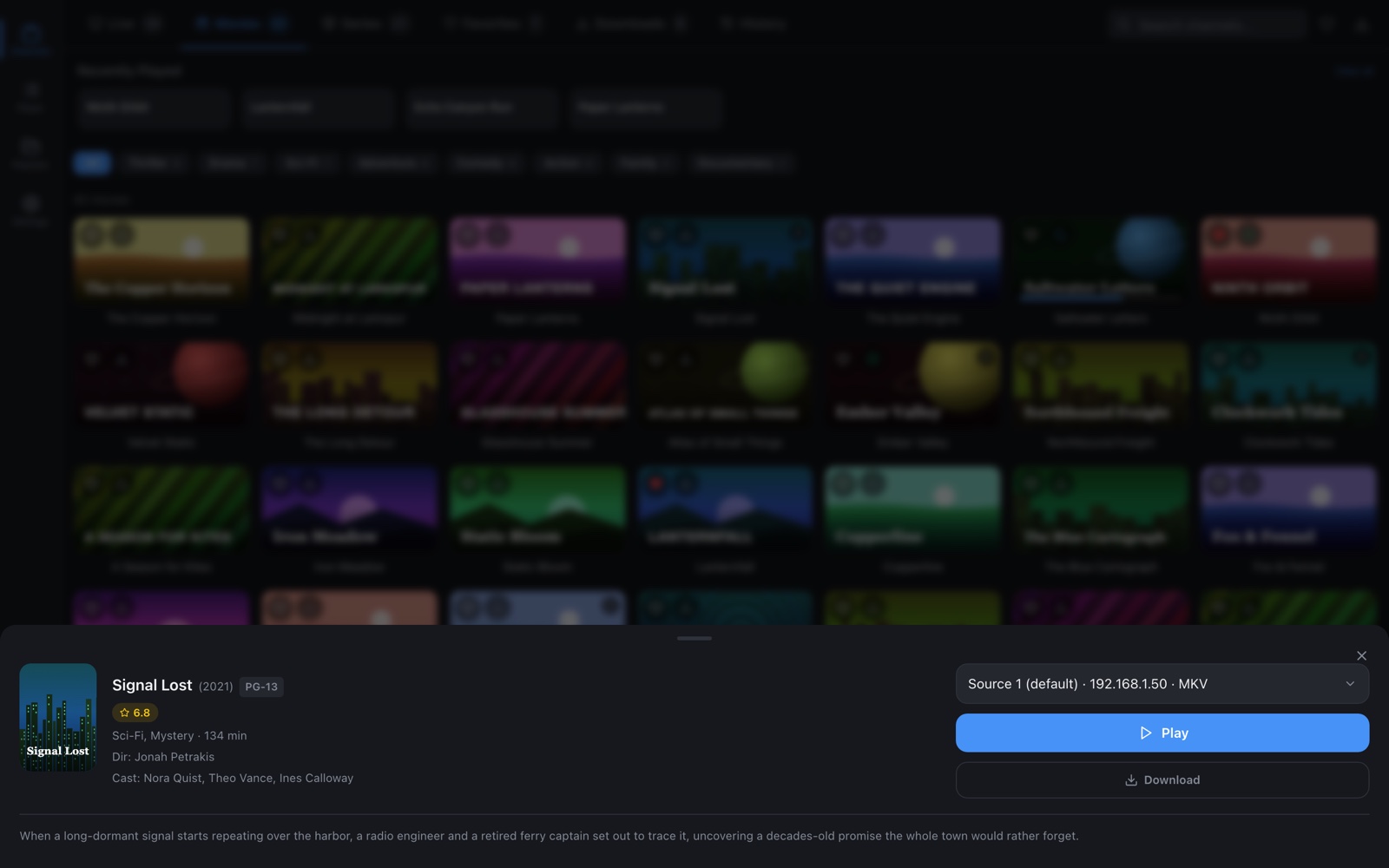 A movie's details: poster, rating, cast, plot, source picker, and Play and Download buttons