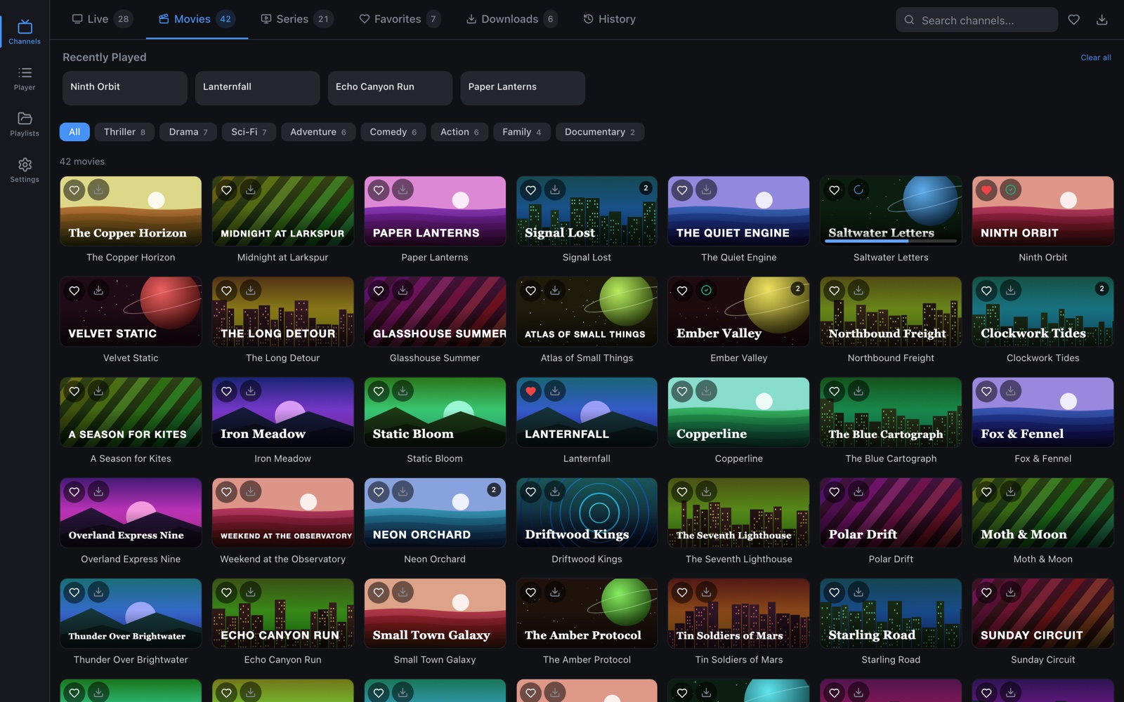 The movies tab: a poster grid with genre filters, favorites and download status