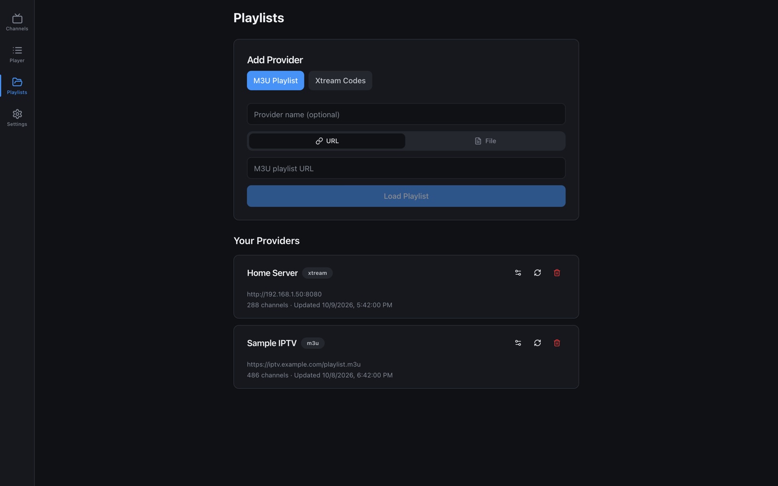 The playlists page: the form for adding an M3U or Xtream Codes provider, and two providers already added