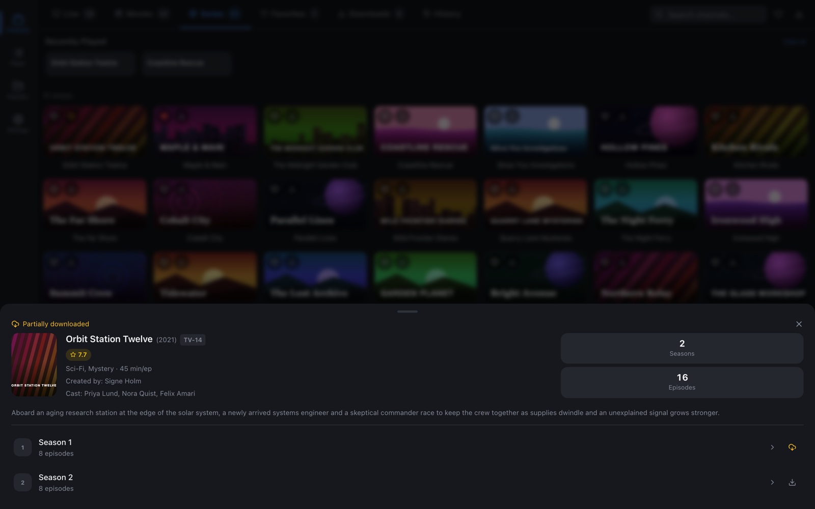 A series' details: rating, creator, cast, plot, a partially downloaded tag, and a download button for each season