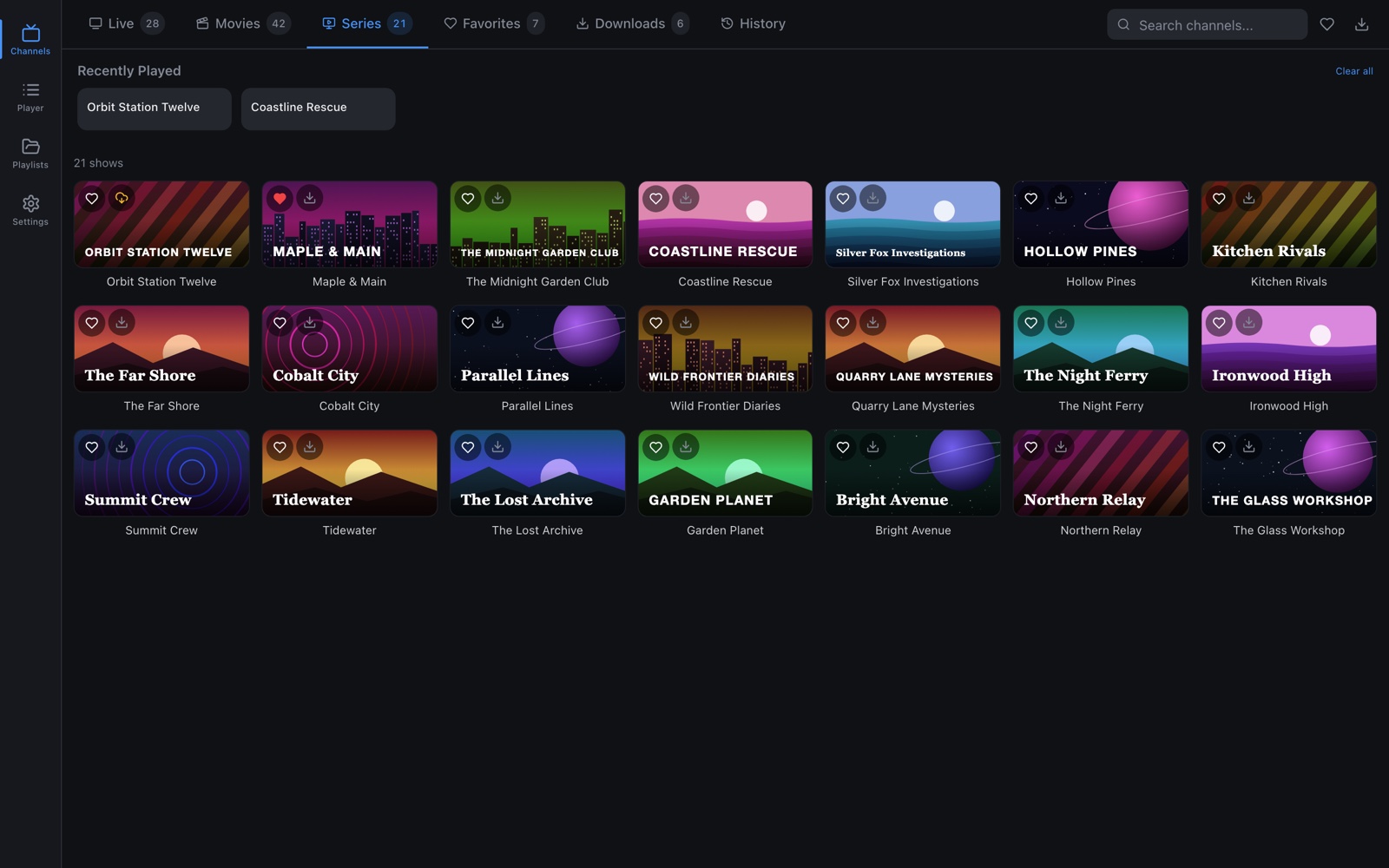 The series tab: recently played shows and a grid of series with favorite and download buttons