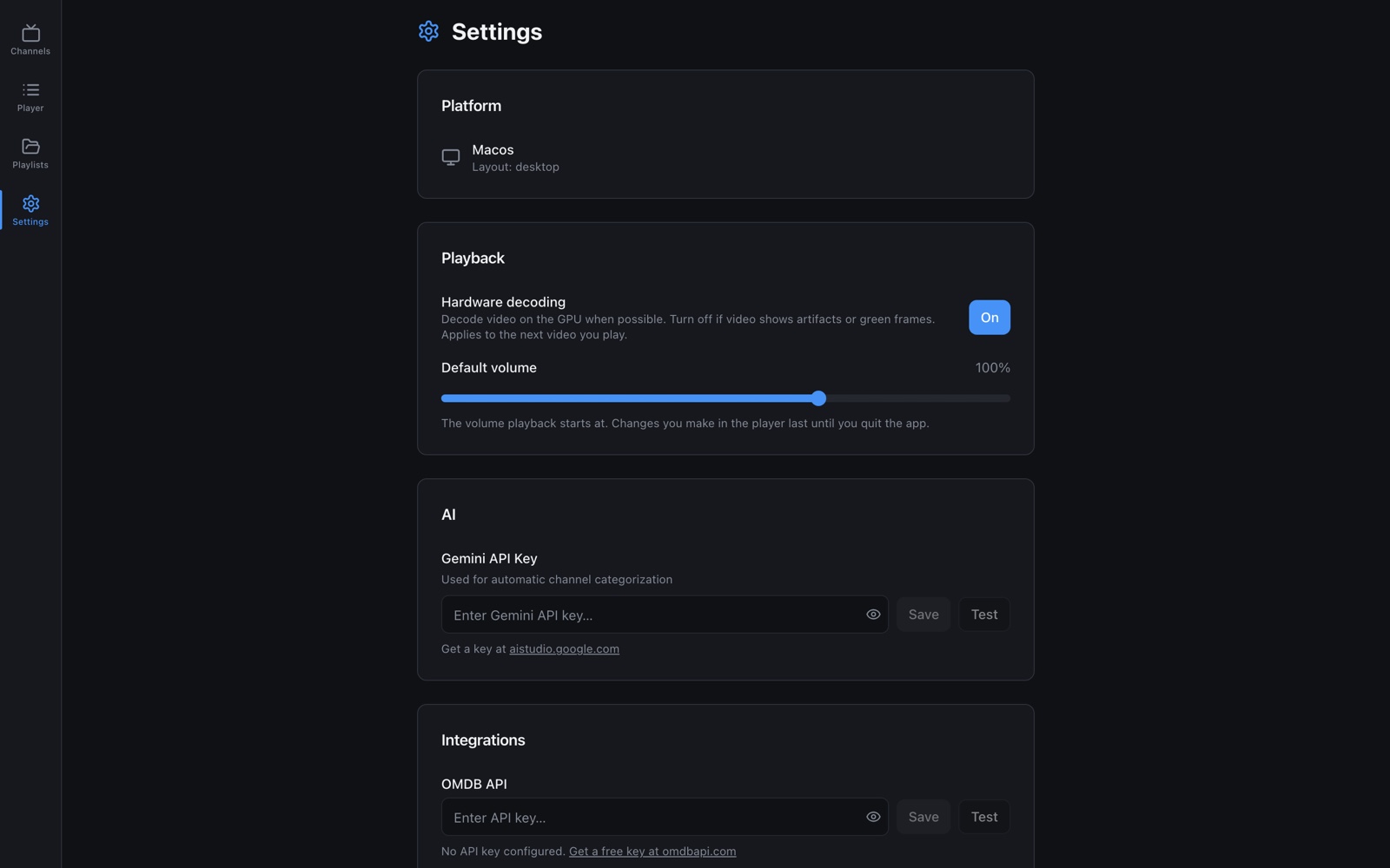 Settings: hardware decoding, default volume, and the Gemini and OMDb API key fields
